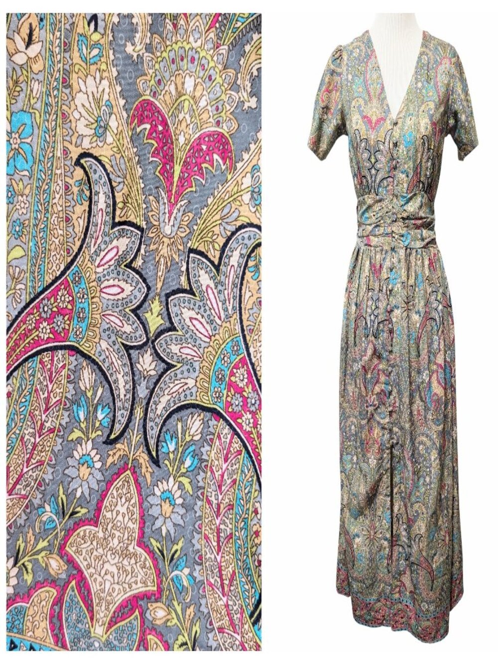 Boemo Womens Size S Floral Paisley Ruched Waist Button Front S/S Midi Dress